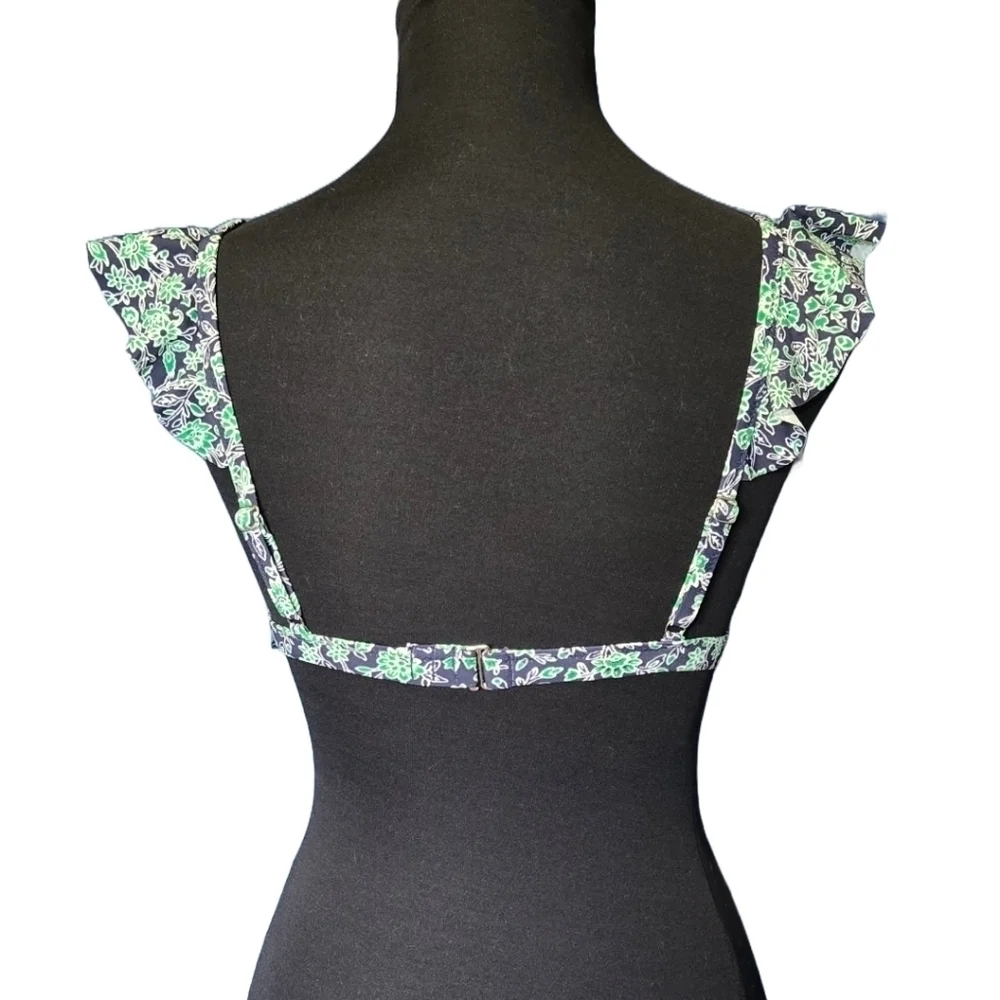 J.Crew Floral Ruffle Shoulder Bikini Top Navy Green Size Small NWT Swimwear Swim